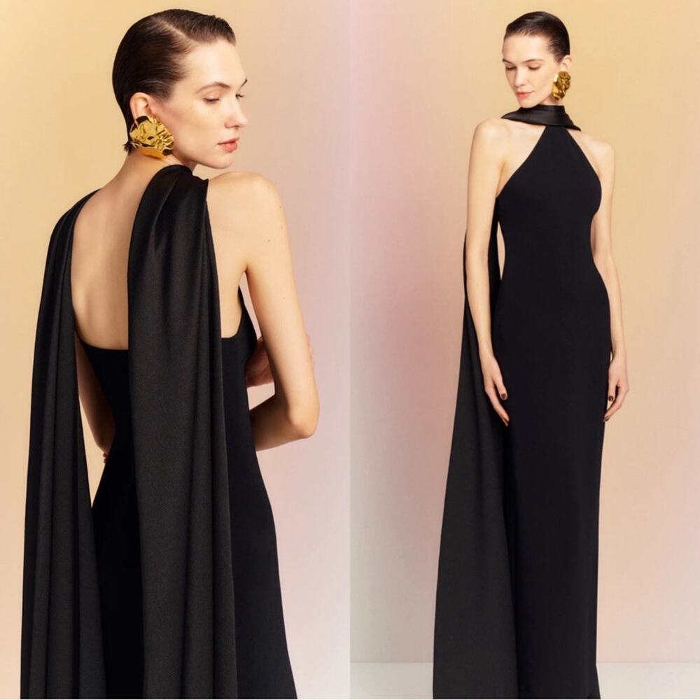 SOLACE LONDON Ophelia Halterneck Draped Scarf Black Maxi Dress Size 4